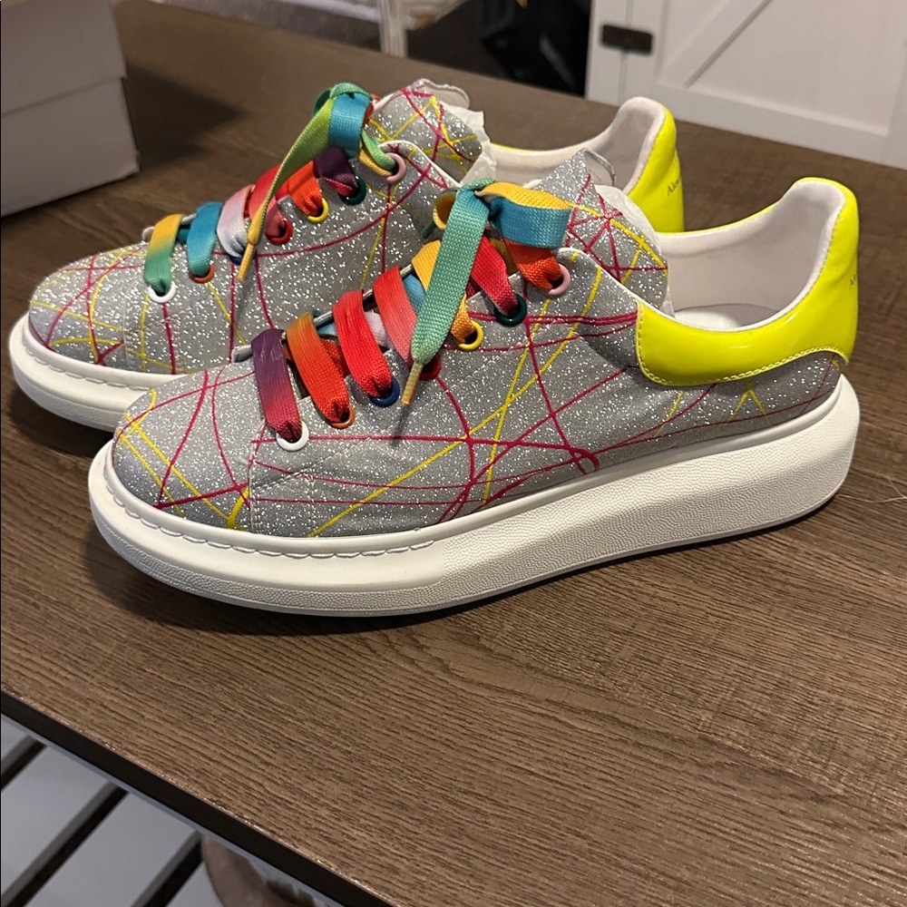 Alexander McQueen Gray Glitter Sneakers with Yellow Accent